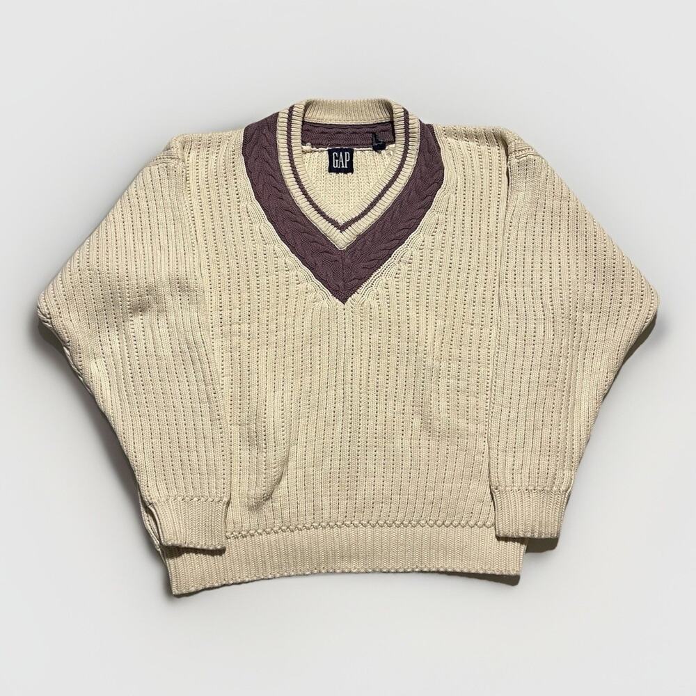 Vintage Gap Preppy V Neck Tennis Cable Knit Sweater Size XL